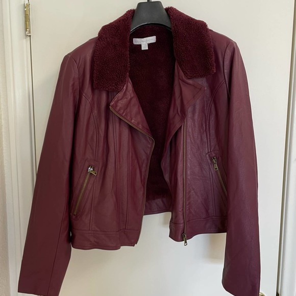 New York & Company Jackets & Blazers - New York & Co XL faux leather moto jacket shearling collar burgundy wine red